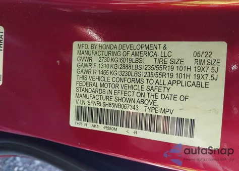 2022 Honda Odyssey Touring z USA, uszkodzony, nr VIN 5FNRL6H85NB067343